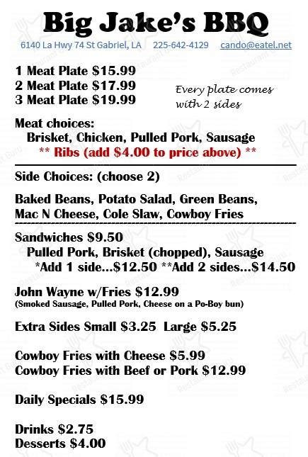 Menu at Big Jakes BBQ, Saint Gabriel