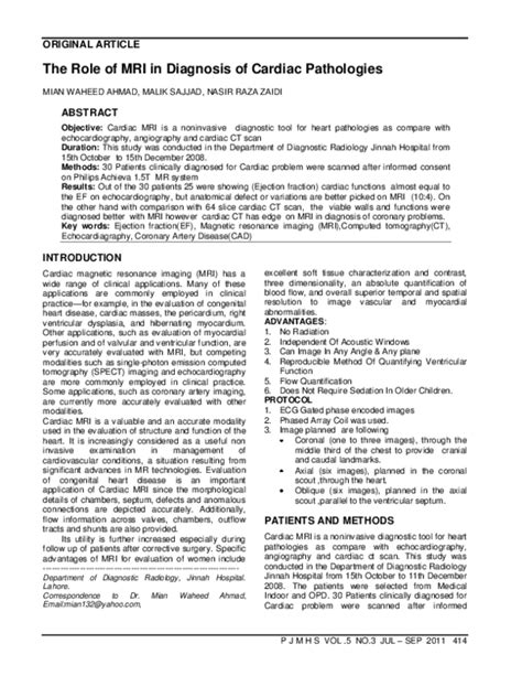 Pdf The Role Of Mri In Diagnosis Of Cardiac Pathologies Mian Ali Ahmad