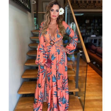 Kyle Richards Coral Printed Maxi Dress Big Blonde Hair