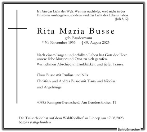 Traueranzeigen Von Rita Maria Busse Trauer In NRW De