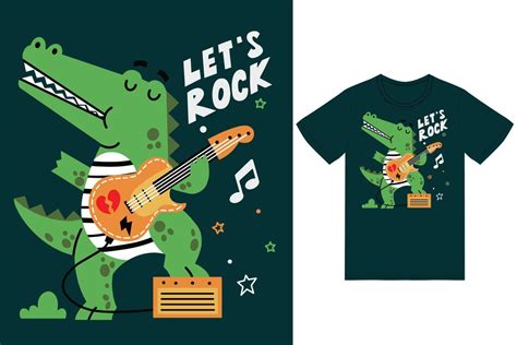 Cute Crocodile Playing Guitar Illustration With Tshirt Design Premium