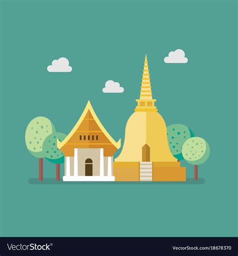 Golden Pagoda And Buddhism Temple Flat Style Vector Illustration