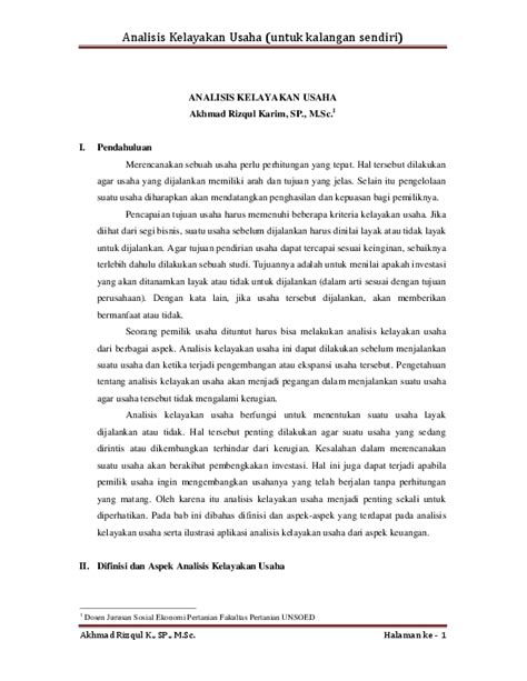 Pdf Analisis Kelayakan Usaha