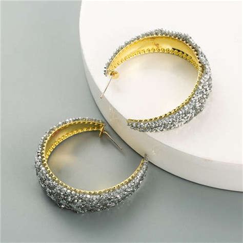 Rhinestone Embellished Korean Fashion Glistening Women Hoop Earrings