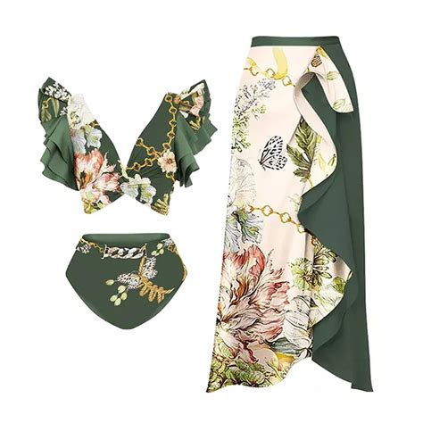 New Push Up Women Bikini Set Skirt Floral Printed Bikinis Strappy Bandage Swimwear