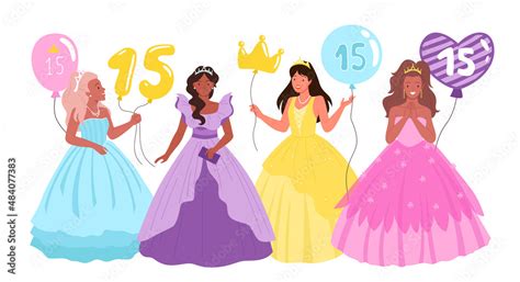 Quinceanera Birthday Party With Pretty Girls Vector Illustration