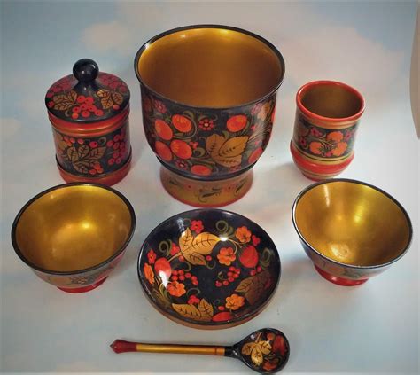 Khokhloma Russian Folk Art 1972 Hand Painted Black Lacquer Paint