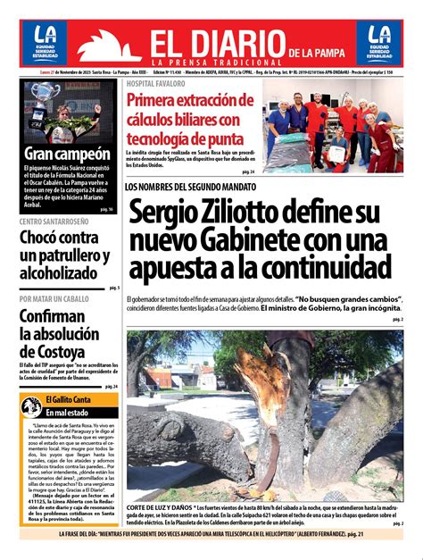 Tapa De El Diario En Papel Lunes 27 De Noviembre De 2023 El Diario