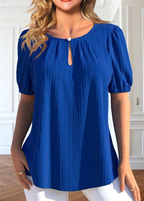 Rotita Pearl Blue Round Neck Short Sleeve Blouse Trendy Fashion Tops