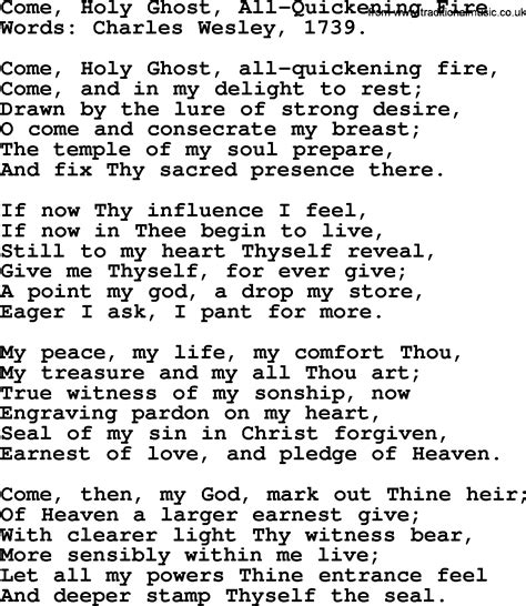 Pentecost Hymns, Song: Come, Holy Ghost, All-Quickening Fire - lyrics ...