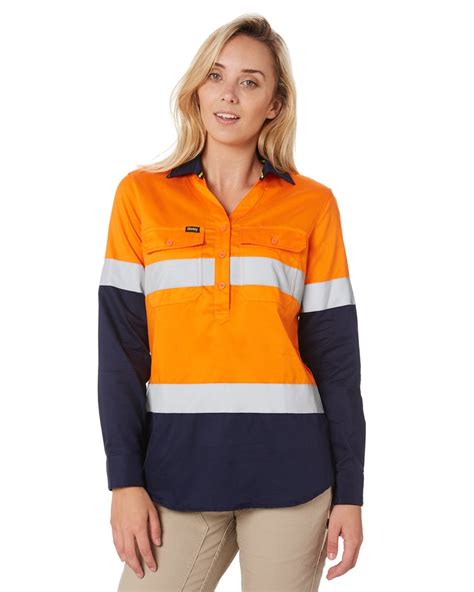 Bisley Womens Taped Hi Vis Stretch V Neck Shirt Orange Navy Buy Online