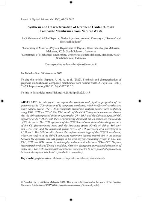 Pdf Synthesis And Characterisation Of Graphene Oxide Chitosan