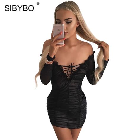 Sibybo Mesh Patchwork Strapless Sexy Dress Women Off Shoulder Lace Up