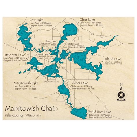 Manitowish Chain Of Lakes 3d Custom Wood Map Lake Art Llc