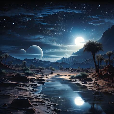 Moonlit Desert Landscape With A Mystical Oasis Stock Illustration