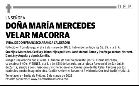 Do A Mar A Mercedes Velar Macorra Esquela Necrol Gica El Diario