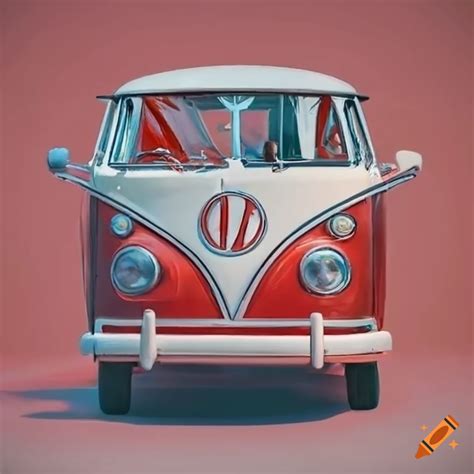 Hyperrealistic Red And White Vw Bus T1 With Surfboard On Roof On Craiyon