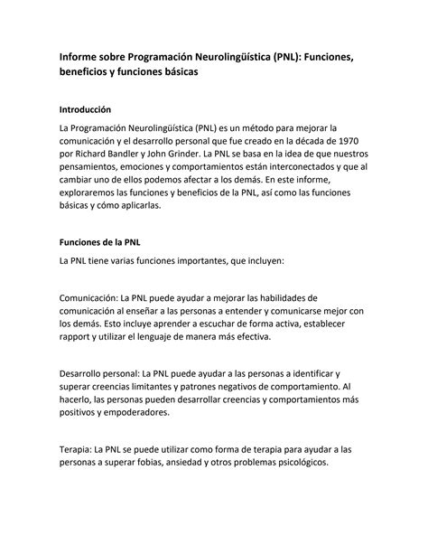 SOLUTION Informe Sobre Programaci N Neuroling Stica Pnl Funciones