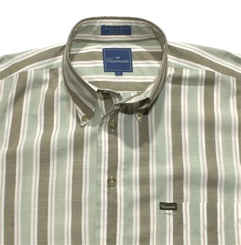 Faconnable Brown Olive Green Striped Button Down Pocket Dress Shirt Men