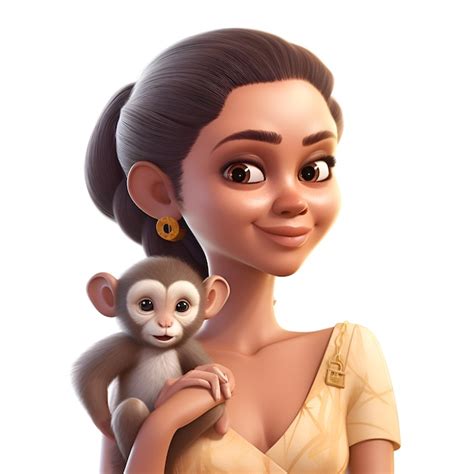 Representación 3d de una linda chica de dibujos animados con mono