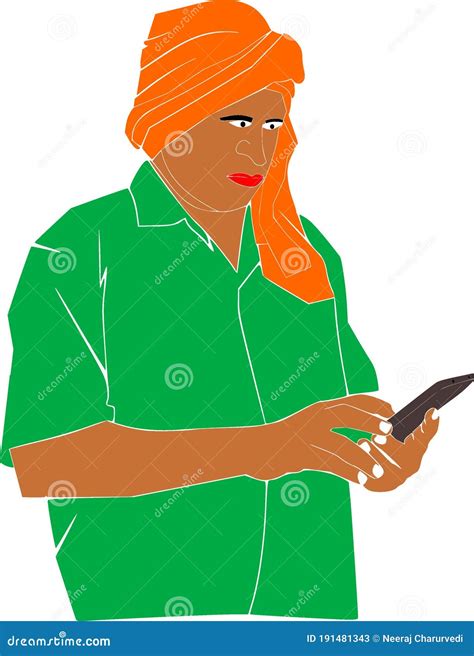 Indian Farmer Cartoon Operating Mobile Phone Illustration Stock