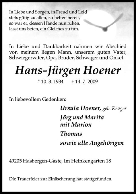 Traueranzeigen Von Hans J Rgen Hoener Noz Trauerportal