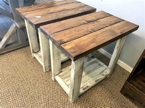 Rectangle End Tables Set With Shelve Distressed White Base Etsy