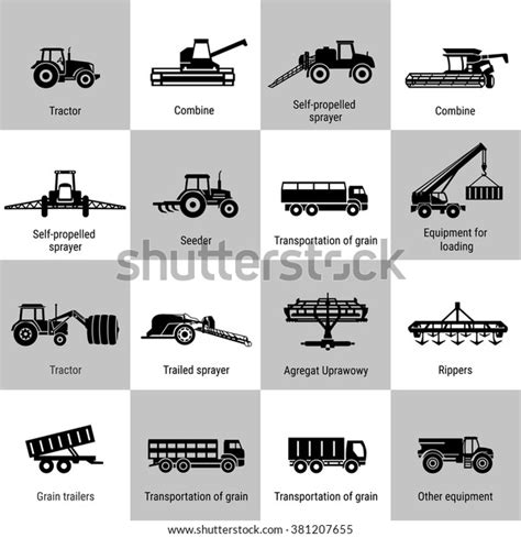 Vector Black Agricultural Transport Icons Set On White Agricultural