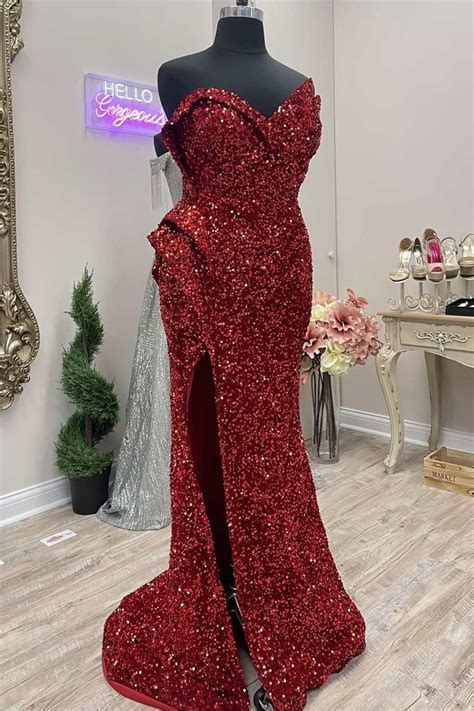 Asymmetrical Burgundy Sequin Strapless Mermaid Long Prom Dress With Sl