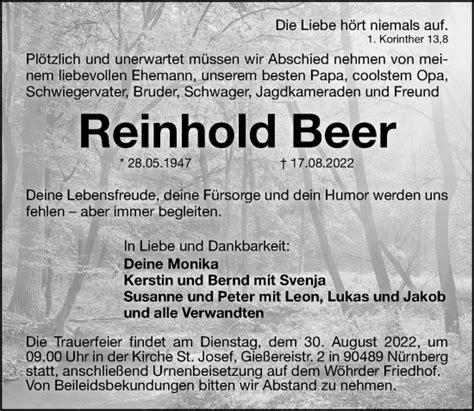 Traueranzeigen Von Reinhold Beer Trauer Nn De