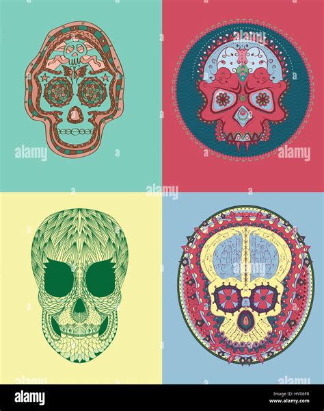 Vector Colored Illustrated Varıous Mexican Sugar Skulls Stock Vector