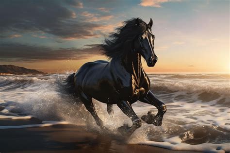 Cavalo Preto Correndo Na Praia No Oceano Renderiza O D Ai Gerado