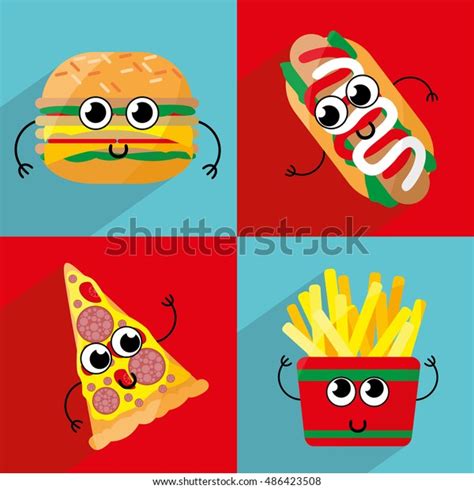 Set Cute Cartoon Fast Food Characters Stock Vector Royalty Free