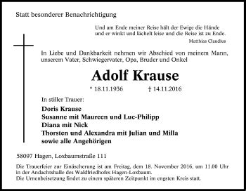 Traueranzeigen Von Adolf Krause Trauer In Nrw De