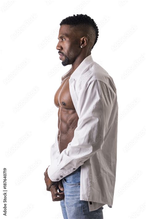 African American Bodybuilder Man Wearing Jeans And Open Shirt On Naked