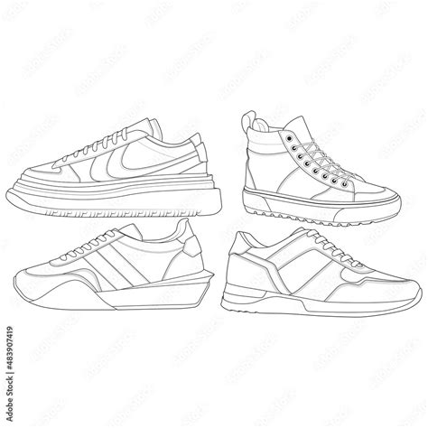 Set Of Outline Cool Sneakers Shoes Sneaker Outline Drawing Vector