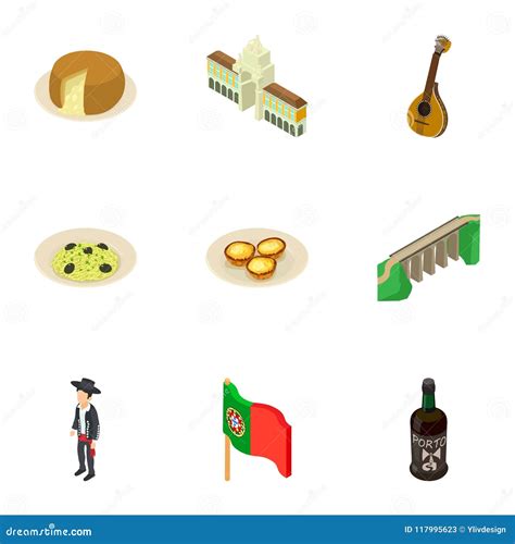 Portugal Place Icons Set Isometric Style Stock Vector Illustration