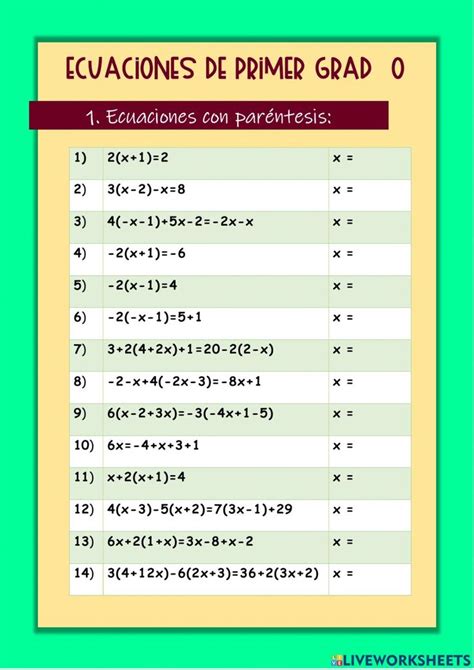 Ecuaciones De Primer Grado Con Par Ntesis Online Worksheet Algebra