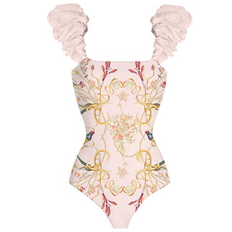 Pink Printed Bubble Strap Swimsuit High Waist One Piece Slim Bikini And Skirt Retro Square Neck