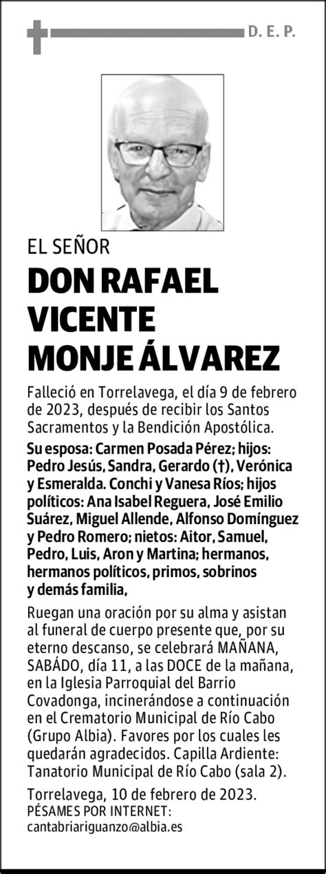 Don Rafael Vicente Monje Lvarez Esquela Necrol Gica El Diario Monta S