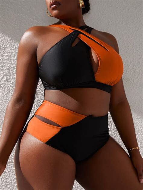 Shein Sxy Plus Two Tone Bikini Set Cut Out Cross Wrap Halter Top High Waist Bikini Bottom