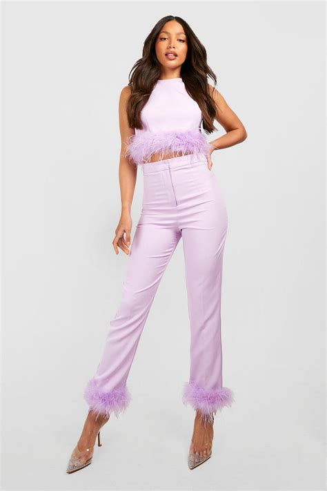 Tall Premium Cigarette Fluffy Feather Trim Pants Boohoo Usa