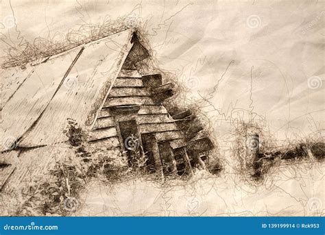 Sketch Of The Lonely Ruins Of A Building In The Forest Stock