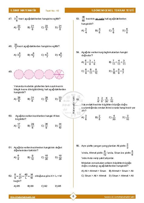 5 Sınıf Matematik 1 Dönem Genel Tekrar Testi Matematik Vakti