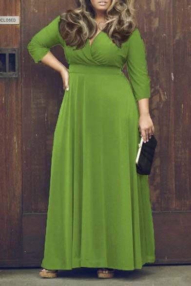 Womens Solid V Neck 3 4 Sleeve Plus Size Evening Party Maxi Dress