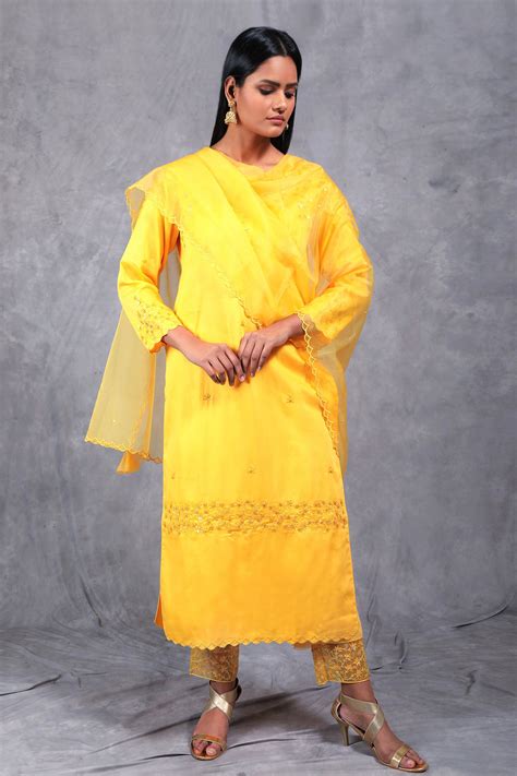 Buy Asaga Yellow Chanderi Silk Kurta Set Online Aza Fashions