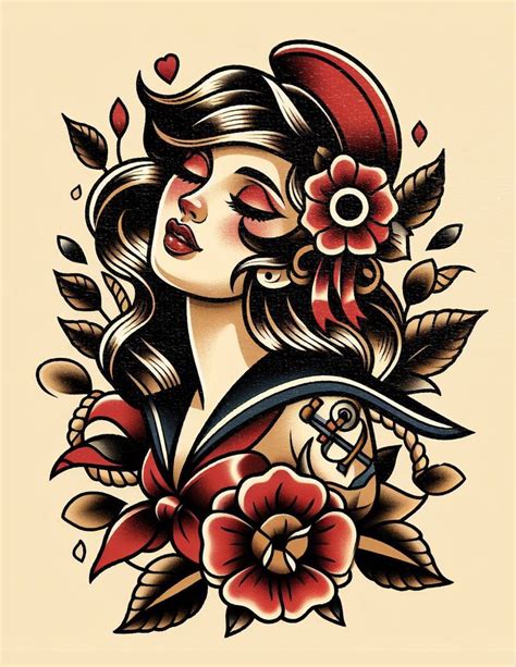 Sailor Pinup Traditional Tattoo Print In 2024 Traditional Tattoo Art