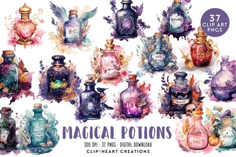 Magical Potions Watercolor Clipart Set Commercial Use Instant Download