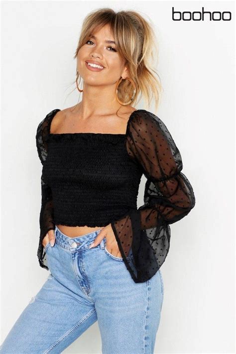 Womens Boohoo Polka Dot Mesh Shirred Square Neck Crop Top Black