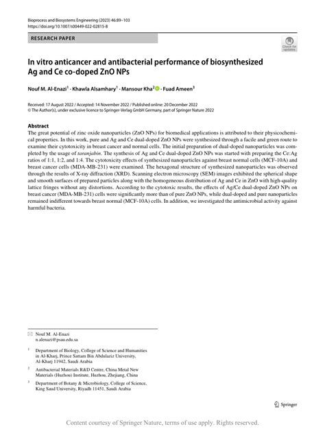 In Vitro Anticancer And Antibacterial Performance Of Biosynthesized Ag